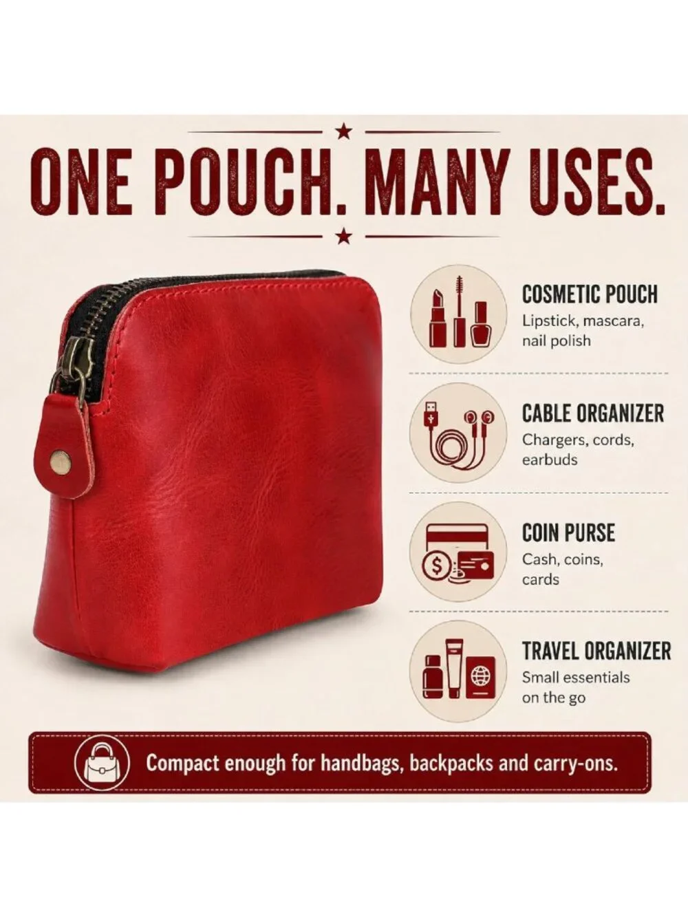 Premium Full Grain Leather Makeup Pouch - Small Travel Toiletry Organizer Bag